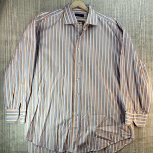 Etro Milano Dress Shirt Mens 46 Blue‎ Orange Stripe Button Front Made in Italy
